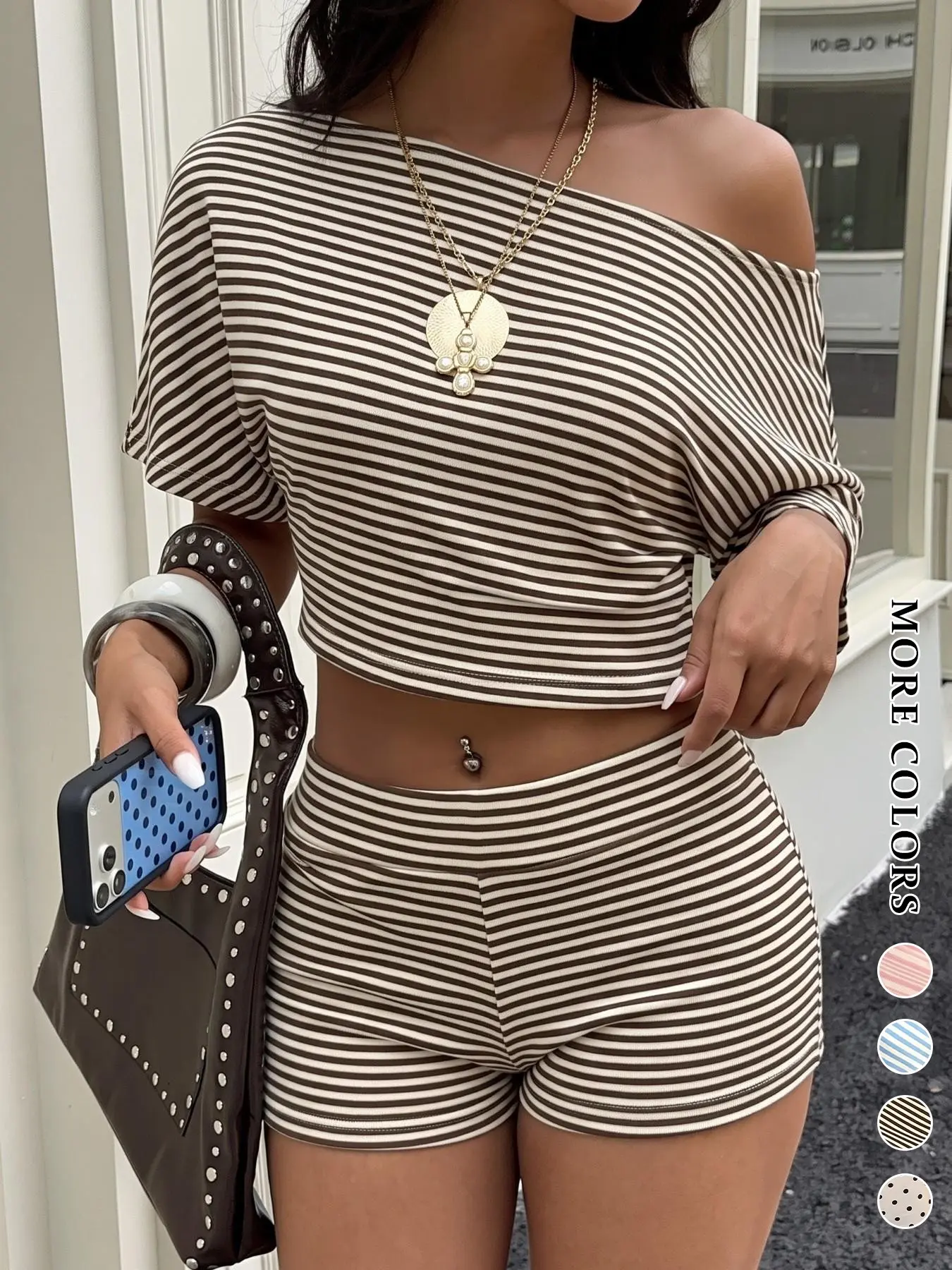 Y2K Coquette Striped Two Piece Co-ord Set for Women Off Shoulder Batwing Sleeves Crop Top High Waist Stripe Shorts Slim Fitted Matching Outfit Casual Outdoor Club Going Out Summer Streetwear #womenssets #cluboutfit #vintagestyle #trendyoutfits