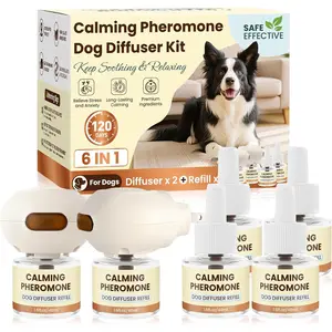 Dog Pheromones Calming Diffuser to Calm Dogs 6 IN 1 Kit (2 Diffusers+4 Refills) Pheromone Plug In for Stress Barking Pee Accidents Chewing Aggression Separation Anxiety Relief 120 Days(Odorless)