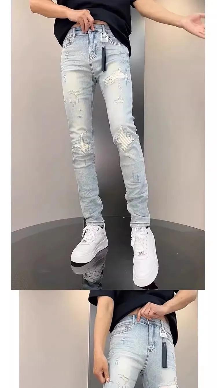 New Korean Luxury Clothing High Jeans for Men Fashion Slim Fit Pencil Pants with Holes Summer Casual Denim Trousers Male