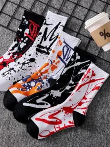 5 Pairs Men's Socks, Colorful Street Style Graffiti Crew Socks, Comfortable Soft Sports Long Socks, Random Colors, All Seasons
