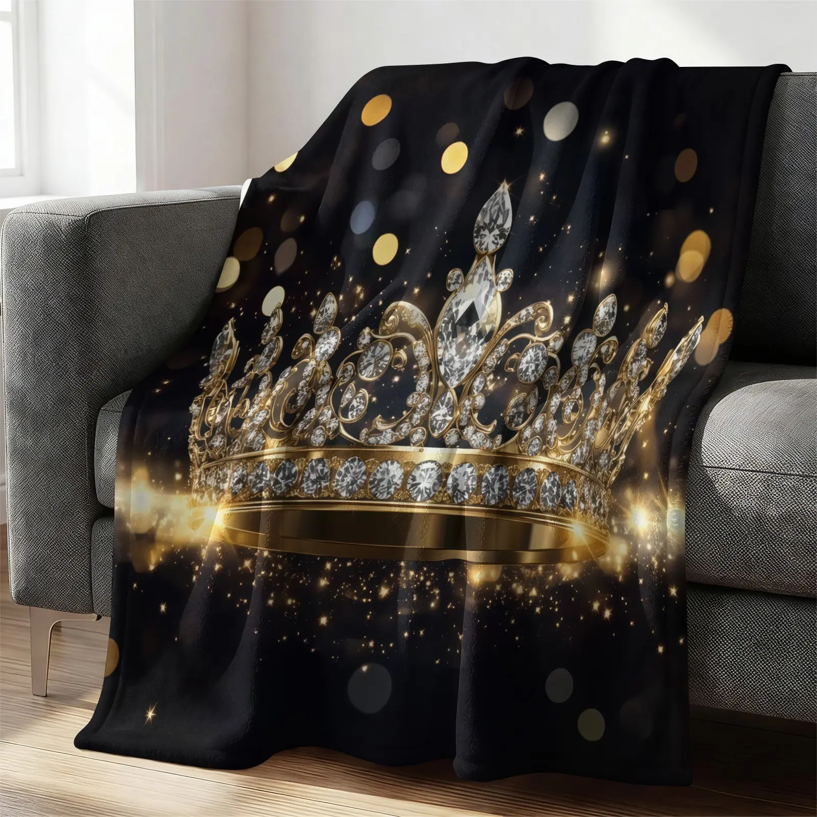 Black Gold Diamond Crown Flannel Blanket, Shiny Starlight Printed Luxury Throw Blanket for Sofa, Thick Skin-friendly Warm Air Condition Blanket, Universal Plush Decorative Blanket for Bedroom Living Room & Holiday Gifts