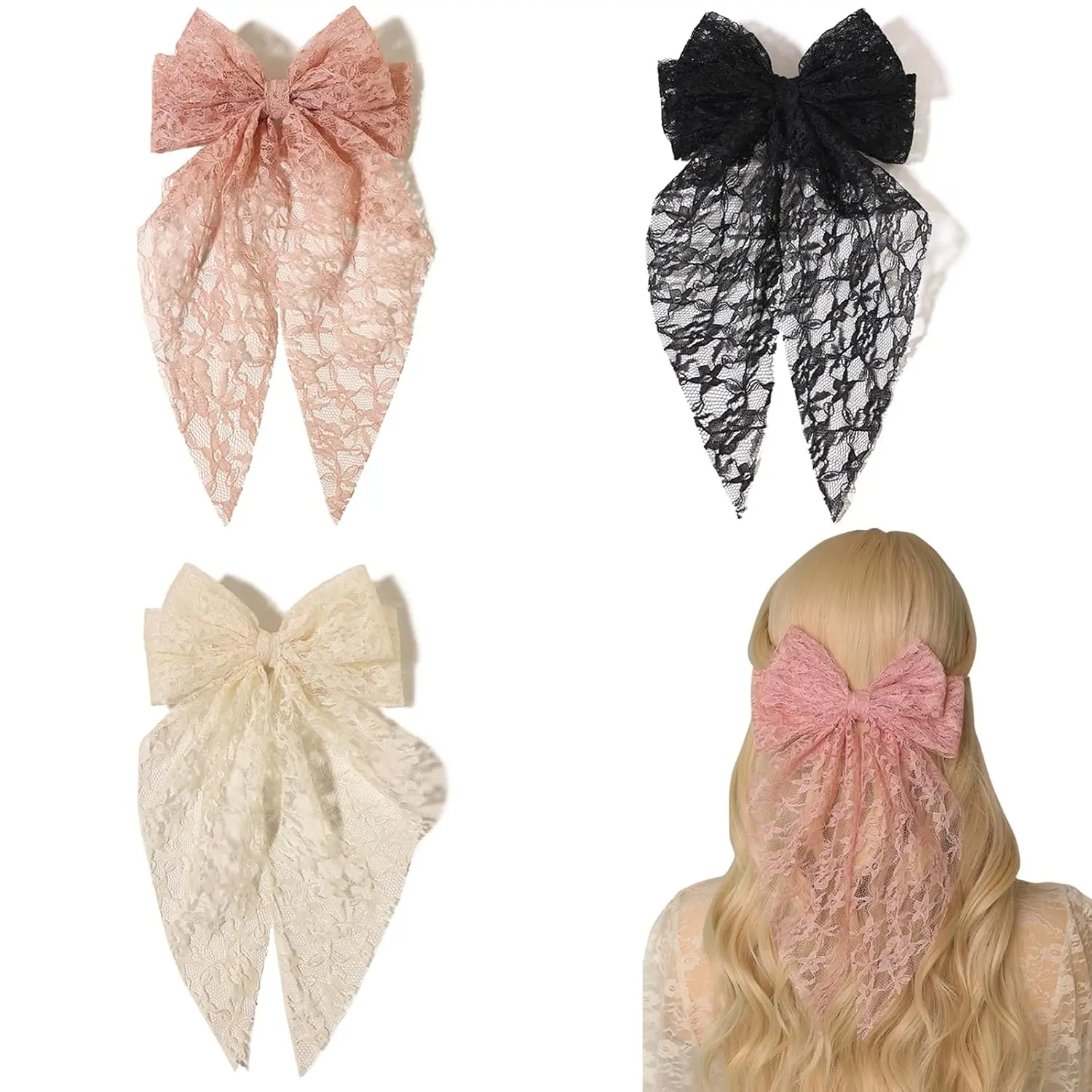 Womens Hair Accessories - Lace Bow Clips, Large Bowknots with Long Tails, Barrettes in Black, Beige, and Pink - 3pcs Set