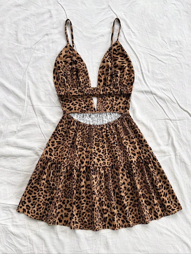 Women's Summer Fashion V-Neck Leopard Print Backless Cut Out Dress, Sleeveless Slim-Fitting Casual Party Wear, Daily Commute Style, Backless Sleeveless Dresses