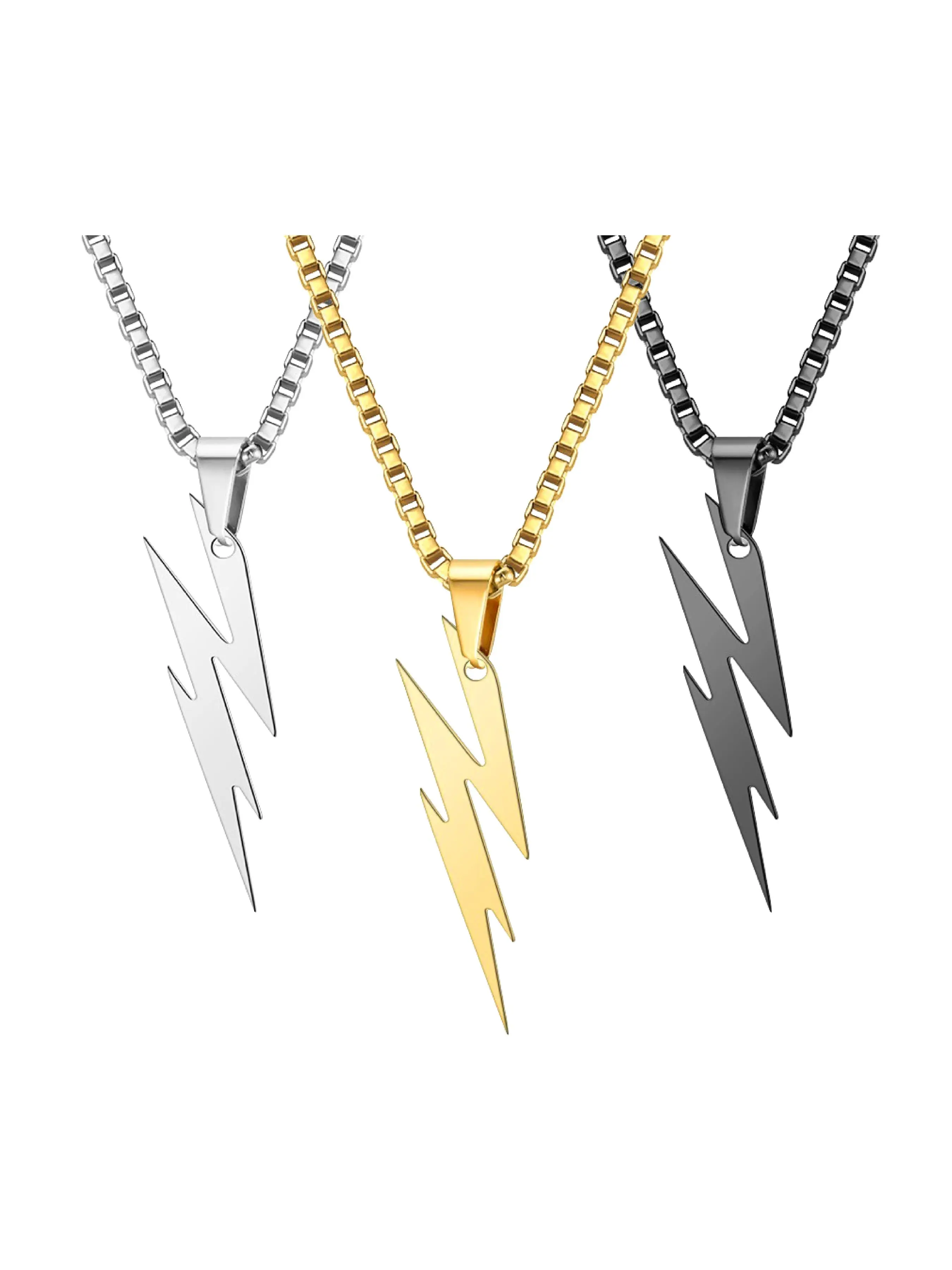 3 Colors Stainless Steel Lightning Pendant Necklace Set, Unisex Fashion Jewelry, Hip Hop Streetwear Gift, Cute Accessory for All Occasions