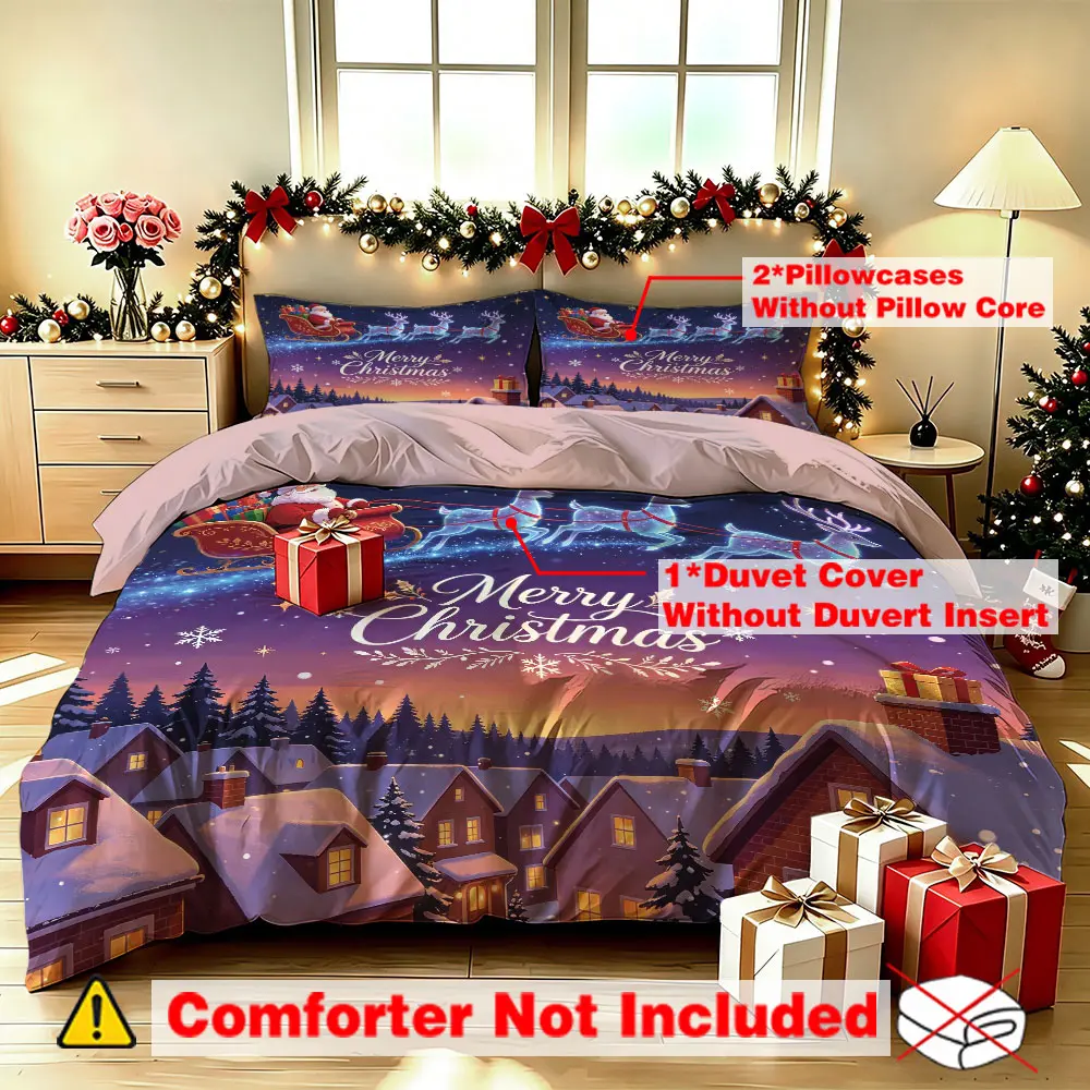 A set of 3pcs Christmas sleigh reindeer snow scene bedding sets (one bedding set, two pillowcases) without filling, suitable for single beds, double beds, and can be used in bedrooms, student dormitories, e-sports hotels, and as gift items