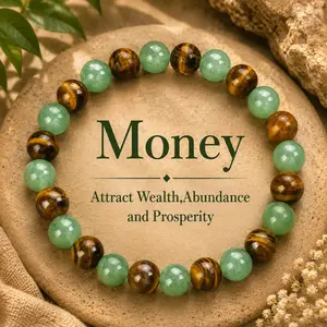 Money Attraction Tiger Eye Stone Abundance Beaded Bracelet - Elastic Adjustable Unisex Adults' Amulet with Green Aventurine Crystal Charms, Solid Unscented Attract Wealth Jewelry for Daily Wear, Birthday