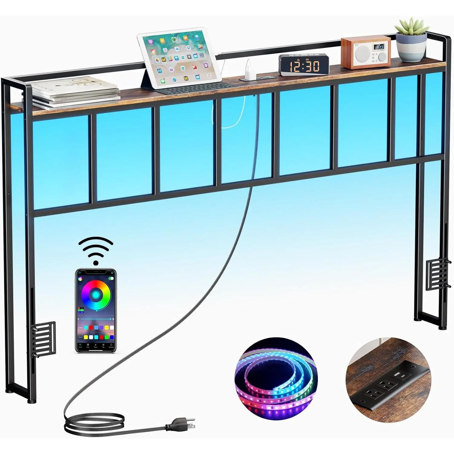 Headboard  Size, Headboards with LED Light, Outlets and USB Ports,  Board with Storage Rack, Sturdy and  Headboard for  Size Bed, Adjustable Height, Rustic Brown