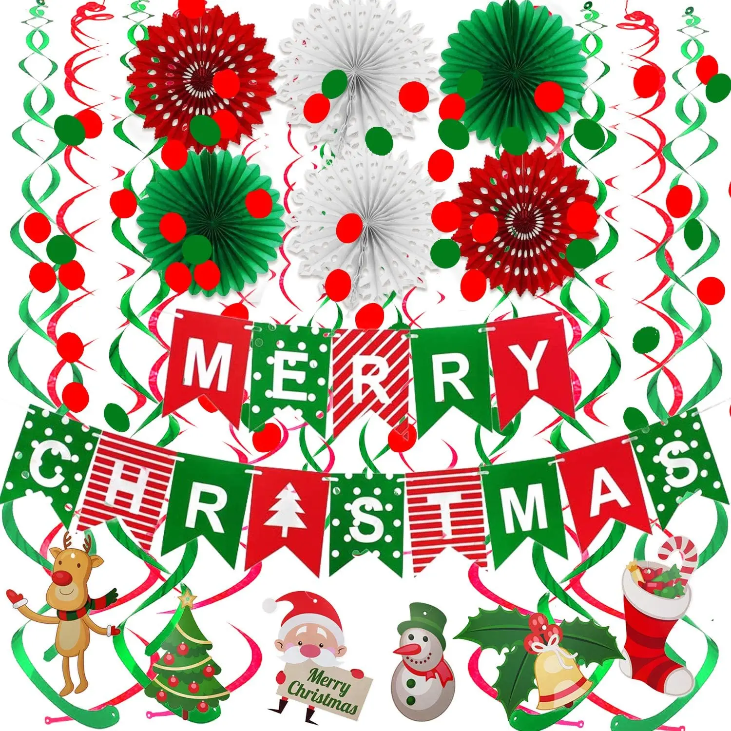 Merry Christmas Banner Paper Fan Flower Circle Confetti Dots  Garlandand Swirl Streamers Christmas Tree Christmas Snowman God  for Christmas Party Decoration