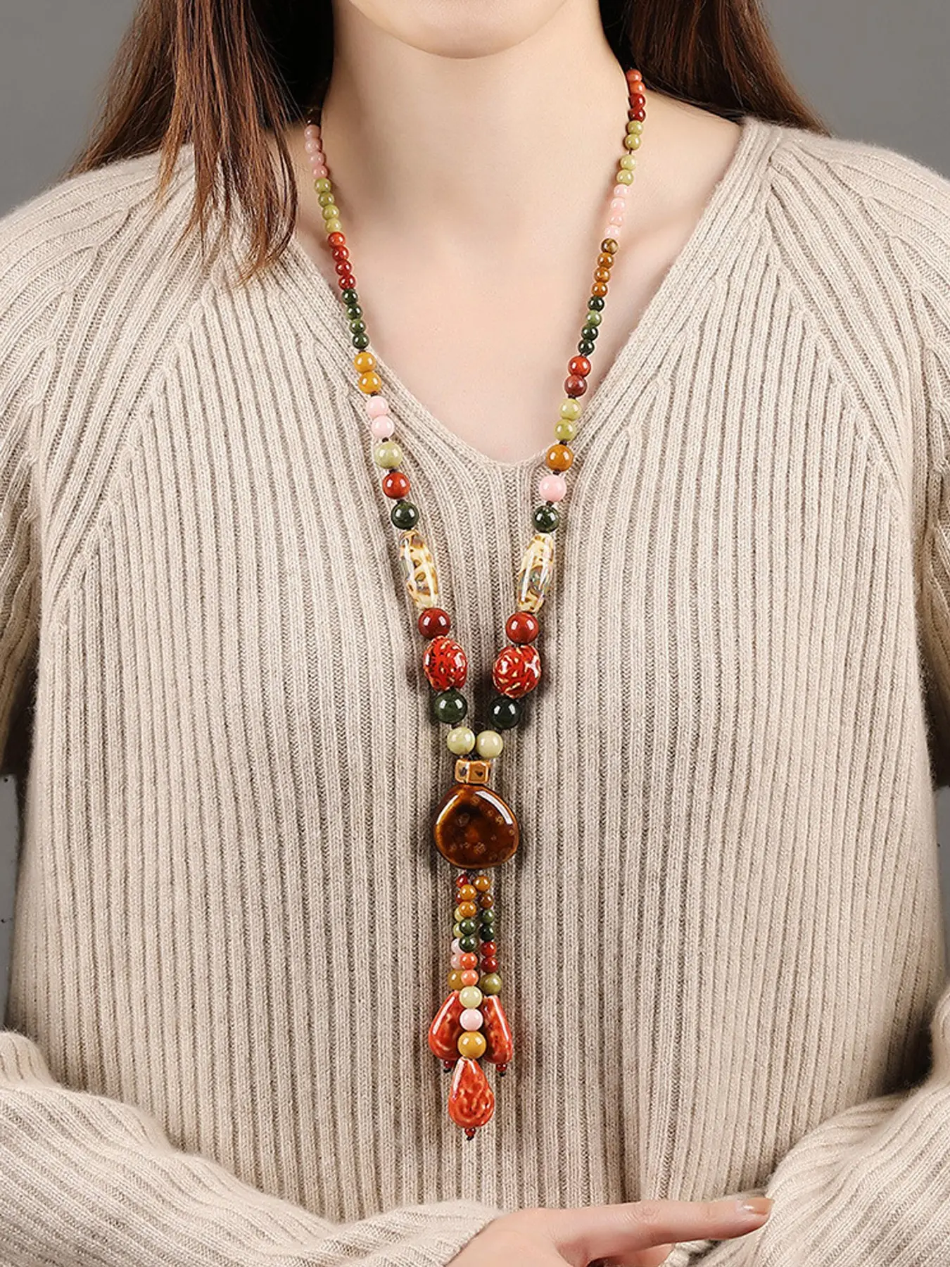 1 Piece Handmade Beaded Sweater Boho Necklace, Mixed Ceramic Beads & Artificial Crystal Tassel Pendant Neck Chain, Bohemian Ethnic Long Statement Jewelry for Women