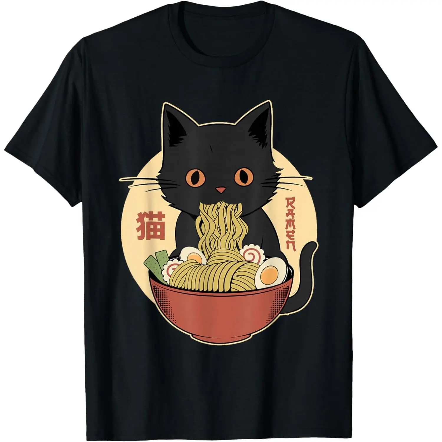 Men's Soft Cotton-Poly Fabric Short-Sleeve T-Shirt, Round Neck Japanese Kawaii Cat Ramen Print, Breathable All-Season Menswear for Fitness & Casual Wear