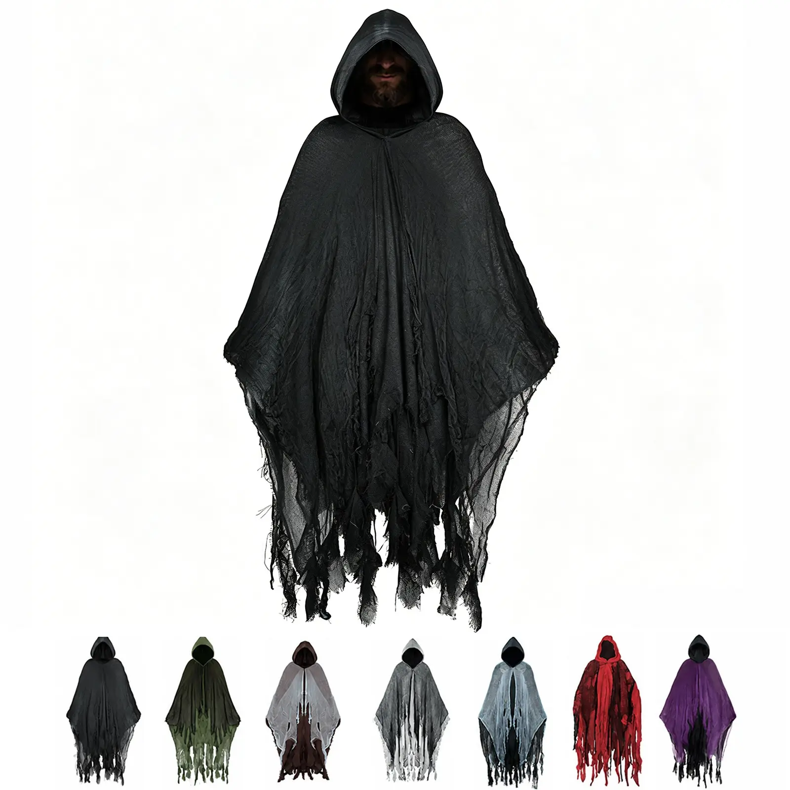 Halloween Hooded Cloak Cape, Tattered Gauze Poncho, One Size Dark Wizard Cape, Costume Accessory, Clothes for Party, Cosplay, Masquerade, Stage Show