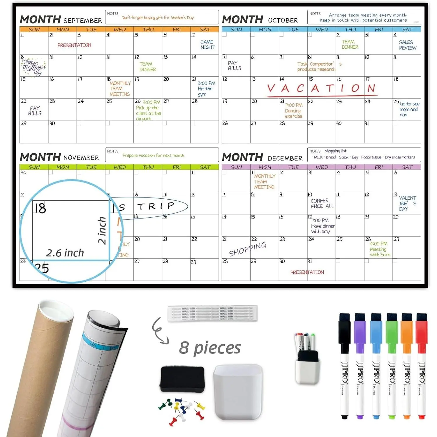 Dry Erase 4 Month Wall Calendar - 38x26 Inches - Blank Undated 4 Month Dry Erase Calendar for Wall-Premium Laminated Whiteboard Planner-Reusable 4 Month Jumbo Office Calendar