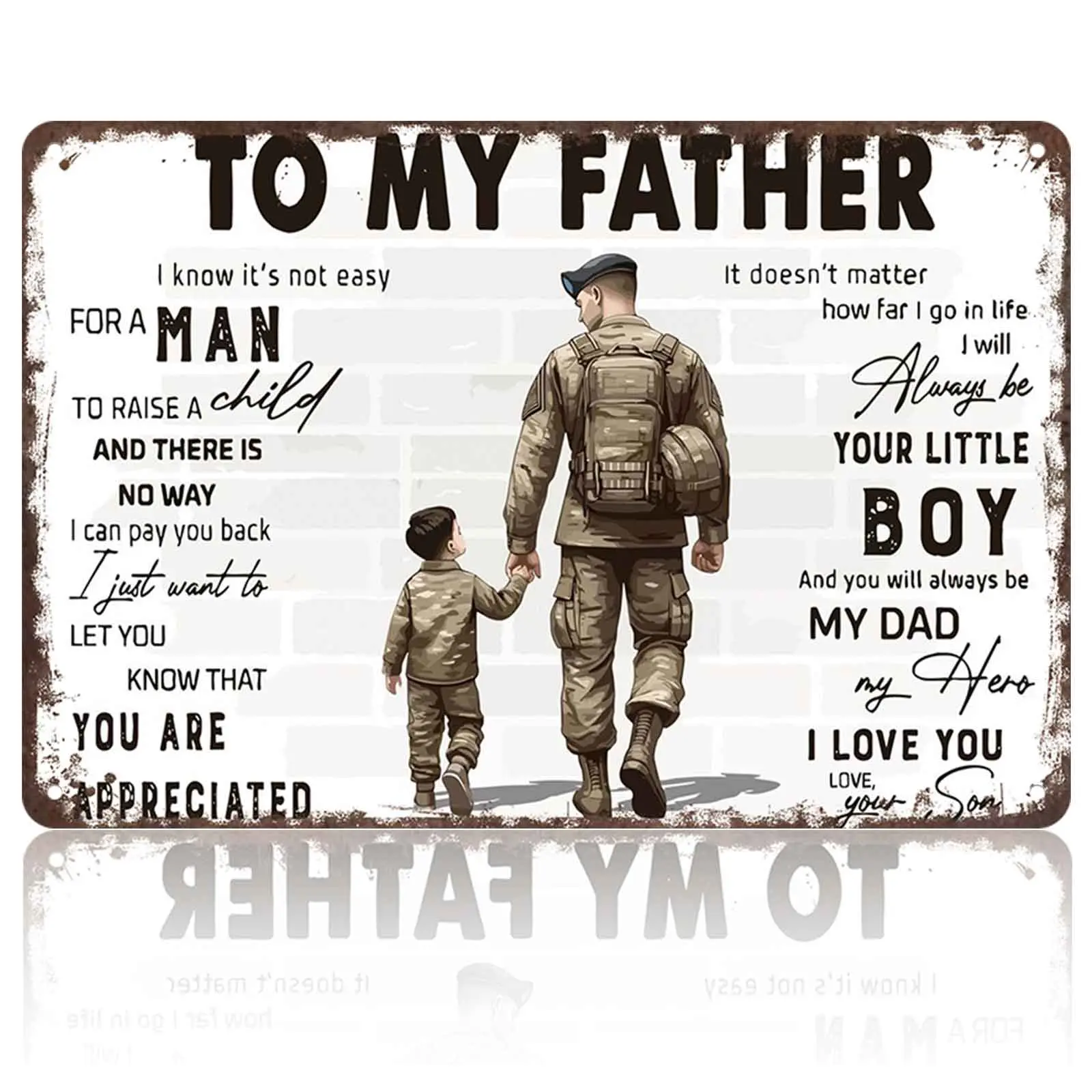 8x12 in Aluminium Tin Sign, Clean White Brick Backdrop with Military Dad & Camo Kid Quote, Patriotic Home Decor Plaque for Veteran Gifts, Living Room Wall Art