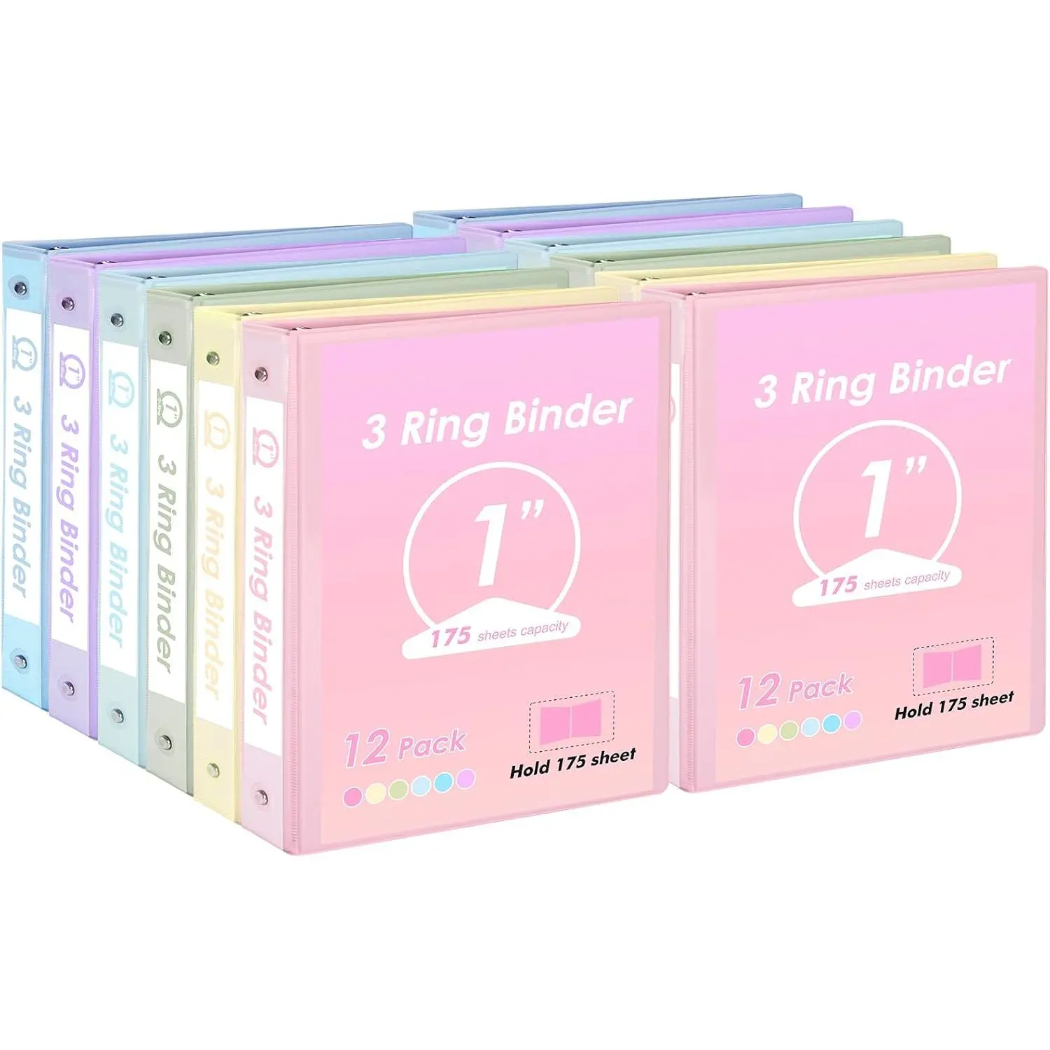1 inch 3-Ring Binder 12 Pack  Pastel Color with 2 Pockets Inside, Fits 11 x 8.5 Inch Paper with 175 Sheets Capacity, for Office, , School Project