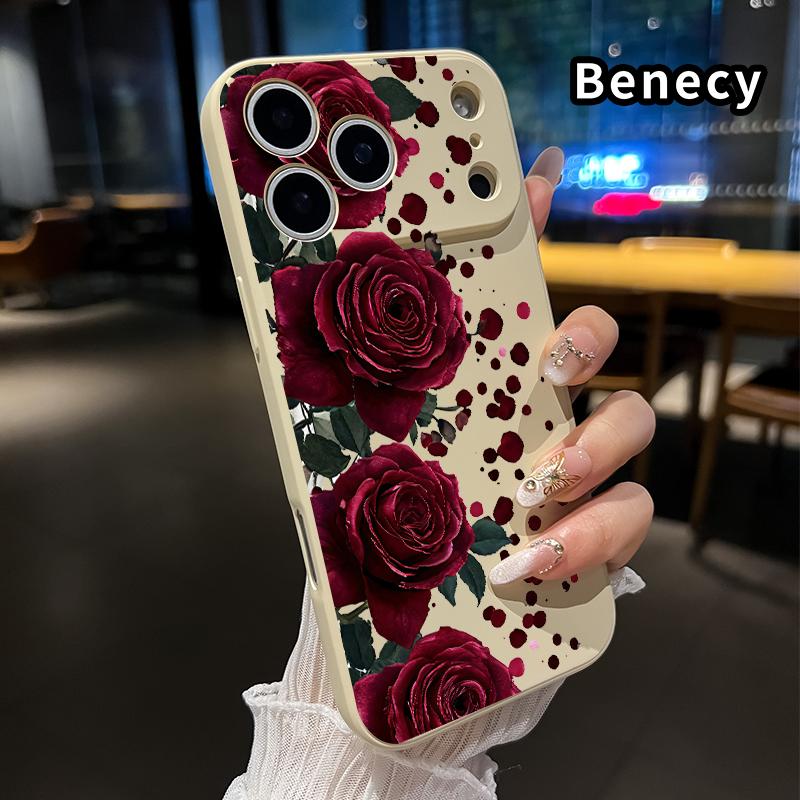 Straight Edge Phone Case for iPhone 17 15 16 14 Pro Max 13 12 11 XR XS Plus Air E Blooming Ruby Roses Pattern Drop Protection Shockproof Soft Liquid Silicone Smartphone Cover