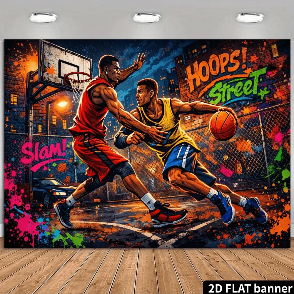 2D Flat Street Basketball Banner | Single-Sided Polyester | Metal Grommets for Easy Hanging | Urban Court Showdown with Dynamic Players | Perfect for Sports Parties, Game Rooms, Photo Booths & Teen Bedroom Decor
