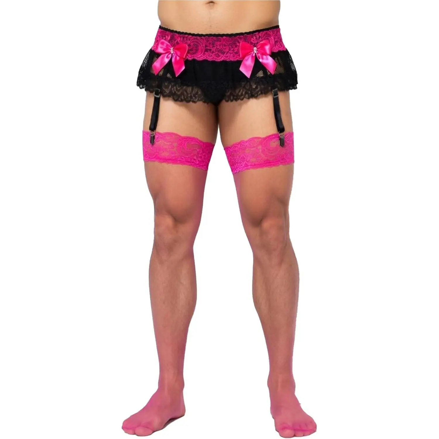 Men’s Sissy Femboy Lingerie Lace Skirt with Built-In 4 Garter Clips and Stockings Bowknot Crossdresser Outfit for Men