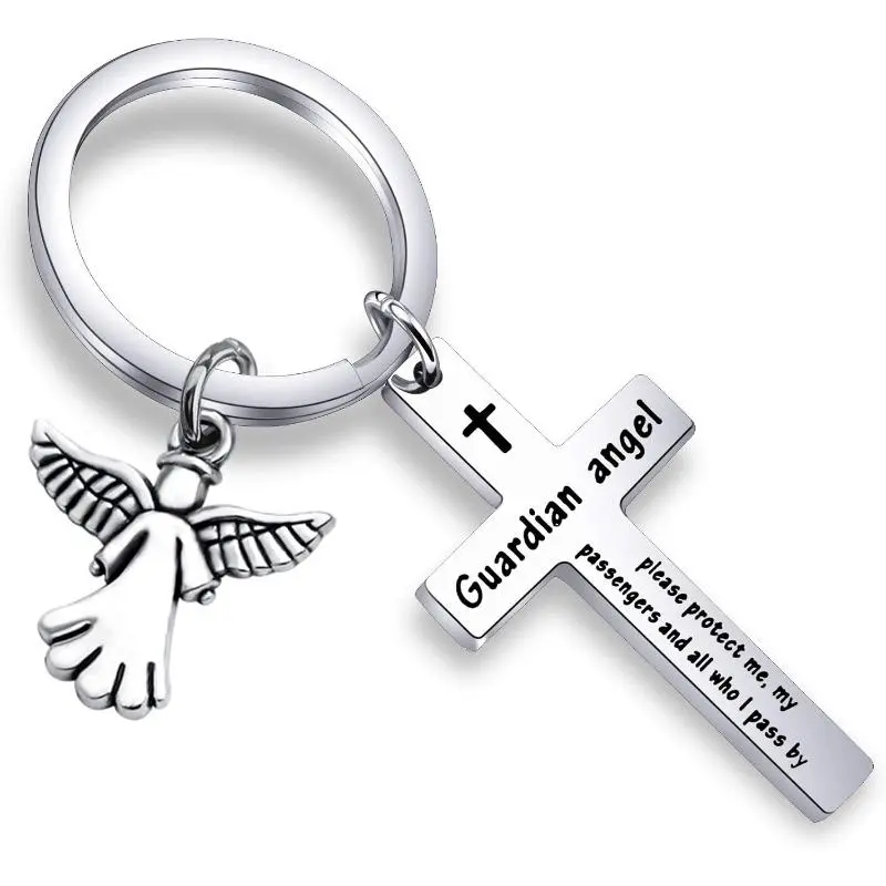 Guardian Angel Prayer Cross Keychain Guardian Angel Protect Me My Passengers Drive Safe Prayer Gift