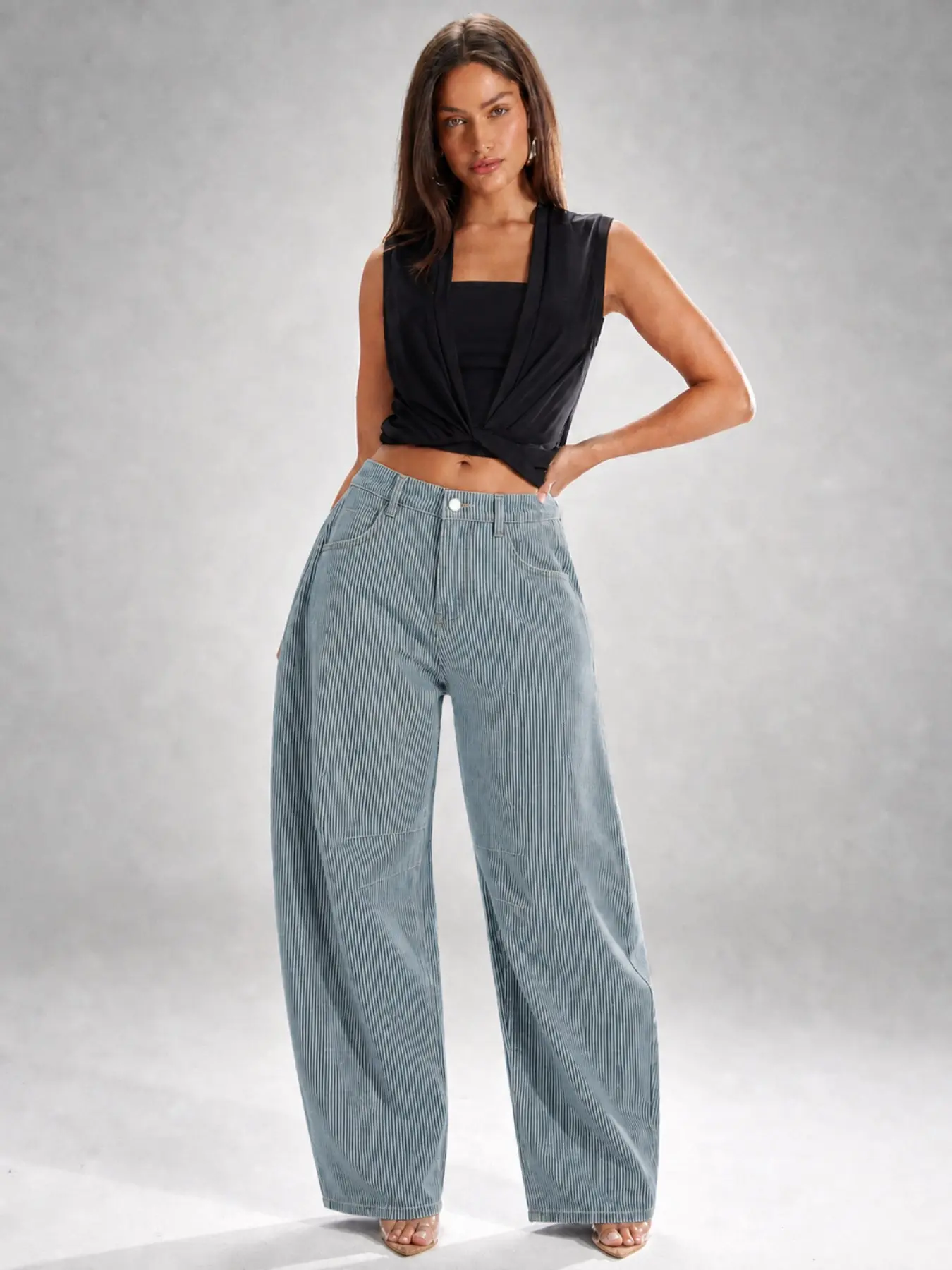 Women's Light Wash High Waisted Pinstripe Horseshoe Jeans - Lightweight Comfortable Loose Fit Wide Leg Barrel Denim Pants for All Seasons
