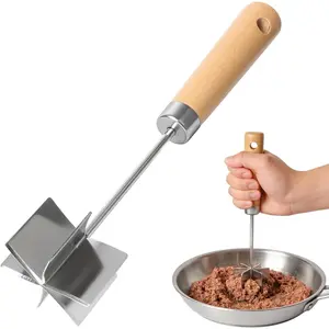 Steel Meat Chopper with Natural Wooden Handle, 6-Blade Ground Beef Chopper Tool & Hamburger Masher, Heavy Duty Meat Smasher for & Mixing, Ergonomic Kitchen Utensil