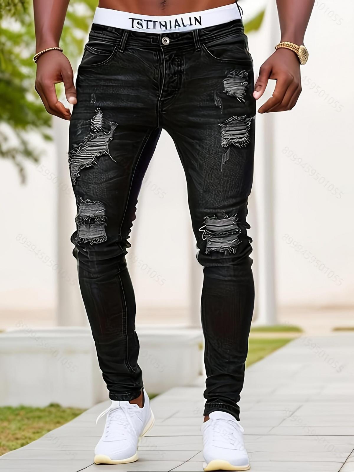 Men’S Casual Slim-Fit Denim For Streetwear Fans Suitable For Daily Wear And City Use Medium Elasticity Medium Weight Soft And Comfortable With A Distressed Look Men’S Solid-Color Multicolor High Street Low Rise jeans