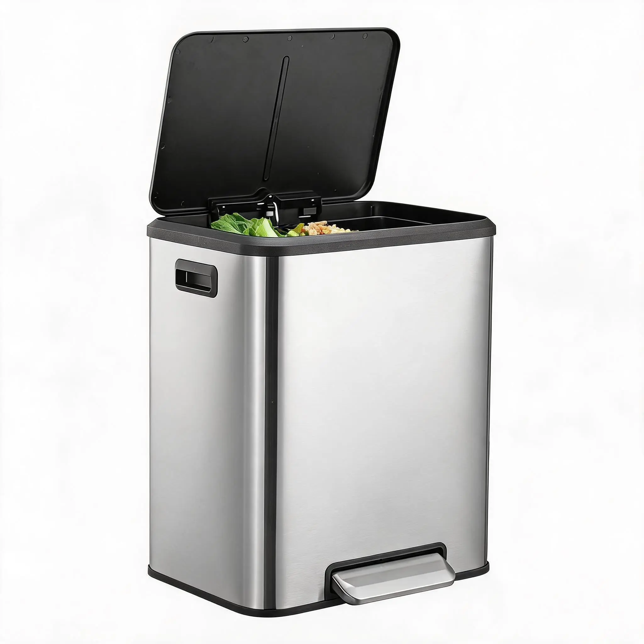 GARVEE Dual Compartment Kitchen Trash Can and Recycling Bin, 2 x 4 Gallon Stainless Steel Rectangular Step Can with Soft-Close Lid and 2 Removable Inner Buckets, Silver