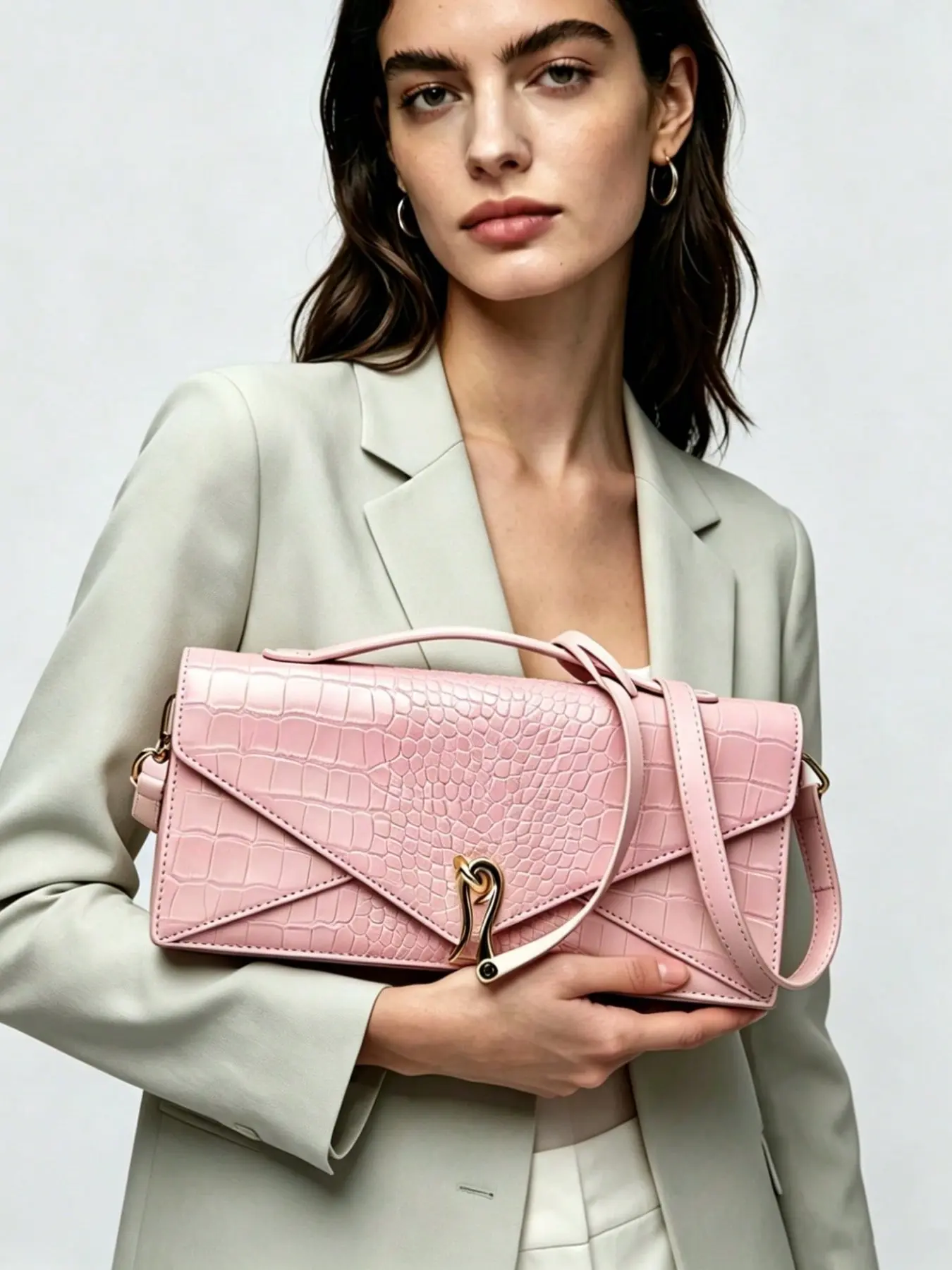 Elegant Evening Purse with Detachable Shoulder Strap, Matte Pink Croc Print Long Envelope Purse Twisted Gold Hardware Underarm & Crossbody Baguette Bag, Metal Buckle Shoulder Handbag, Suitable for Party, Commuting, Daily Use