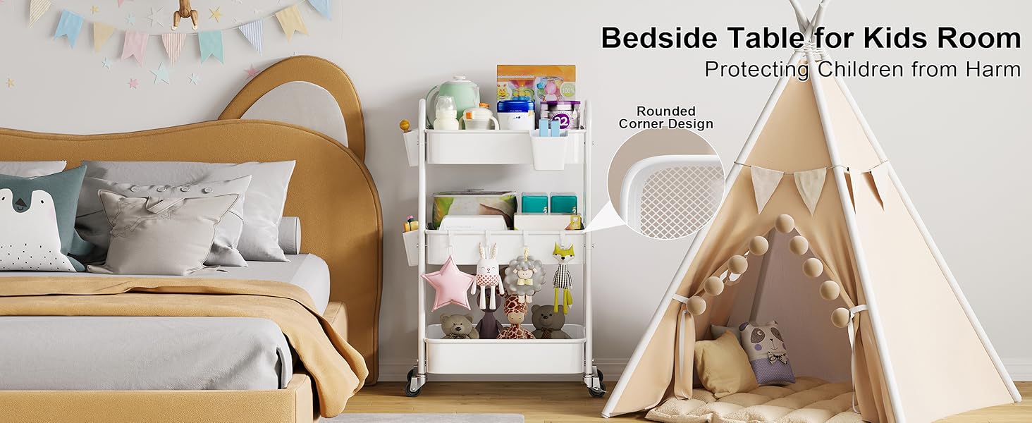 3 Tier Rolling Cart Metal with Wheels, Heavy Duty White Three Tiered Craft Cart Organizer on Wheels, Utility Roller Storage Carts for Art, Baby Nursery, Diaper Caddy, Snack,Book,Nail,Cleaning Supplies