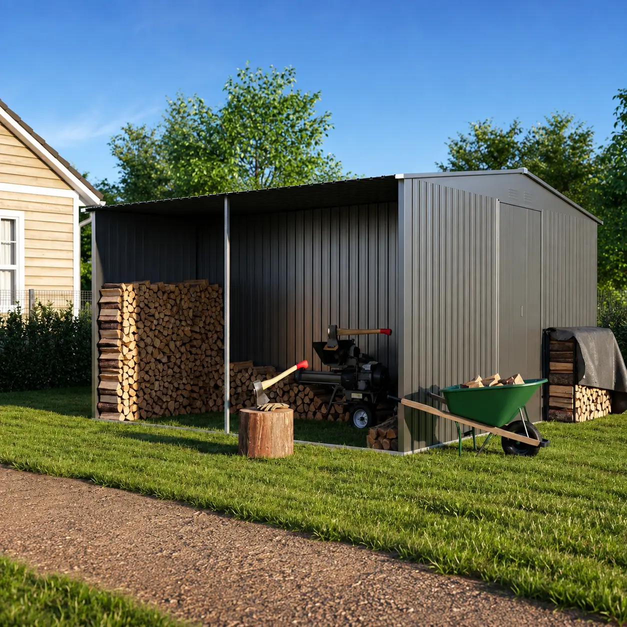 13x11 FT Grey Metal Frame Outdoor Storage Shed - Heavy-Duty Dual-Purpose Weatherproof Steel Tool House with Firewood Hold for Garden Equipment, Winter Firewood