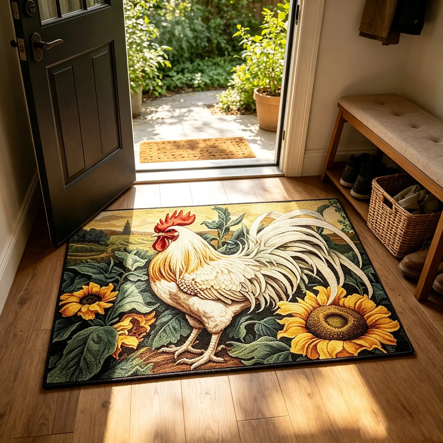 American Country Rooster Sunflower Entrance Rug, Vintage Farmhouse Style Door Mat, Durable Easy-Care Floor Decor for Kitchen Bathroom Living Room
