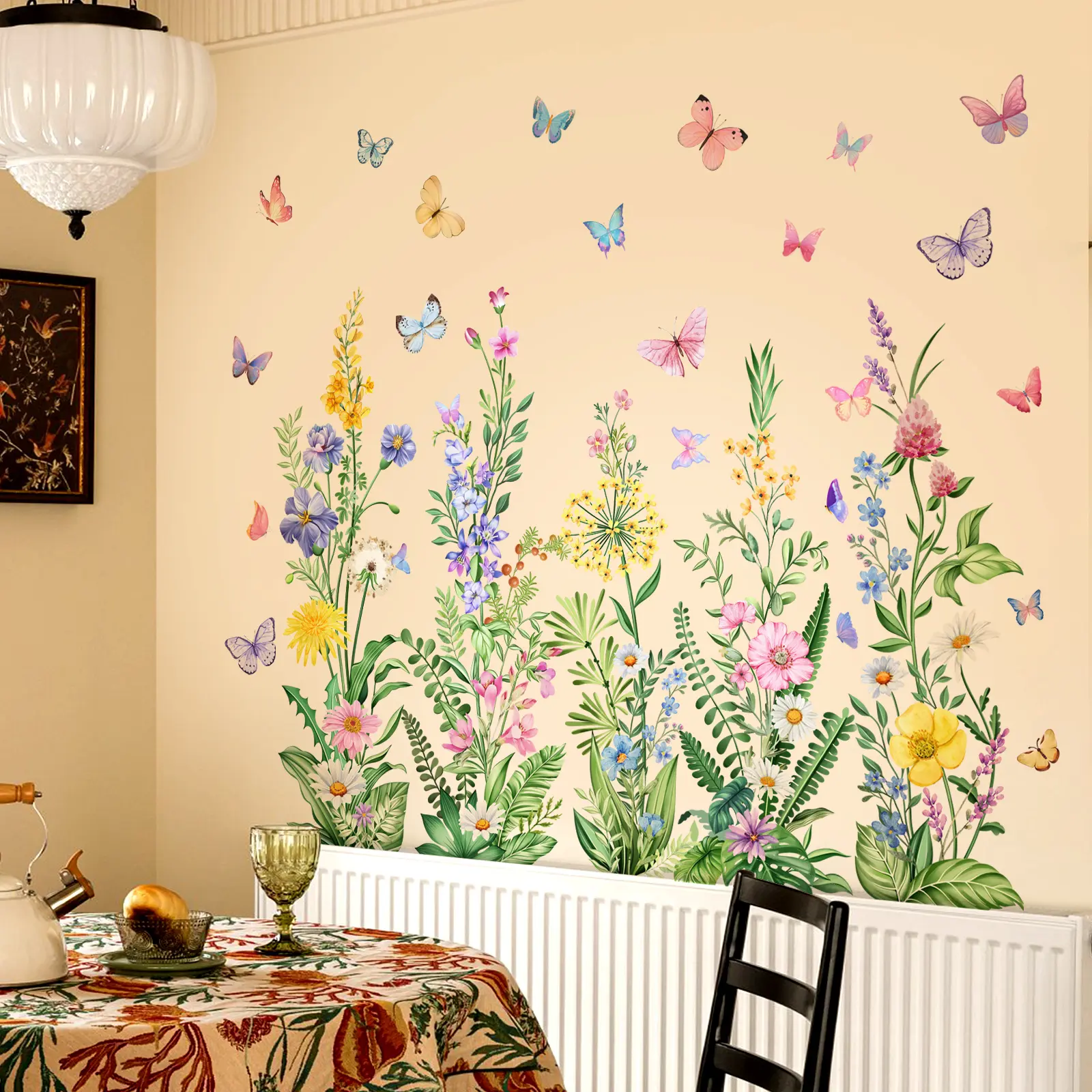 6Pcs Set (2030cm6pcs) Watercolor Mixed Wildflower & Butterfly Self-Adhesive Wall Decals, Fresh Pastoral Decor Stickers For Dining Room Sofa Background Wall, Floral Wall Decals