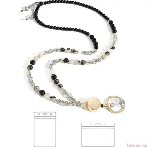 Women's Beaded Lanyard with Natural Stones & Crystals, Strong Double-Strand Retractable ID Badge Holder and Keychain for Teachers, Office