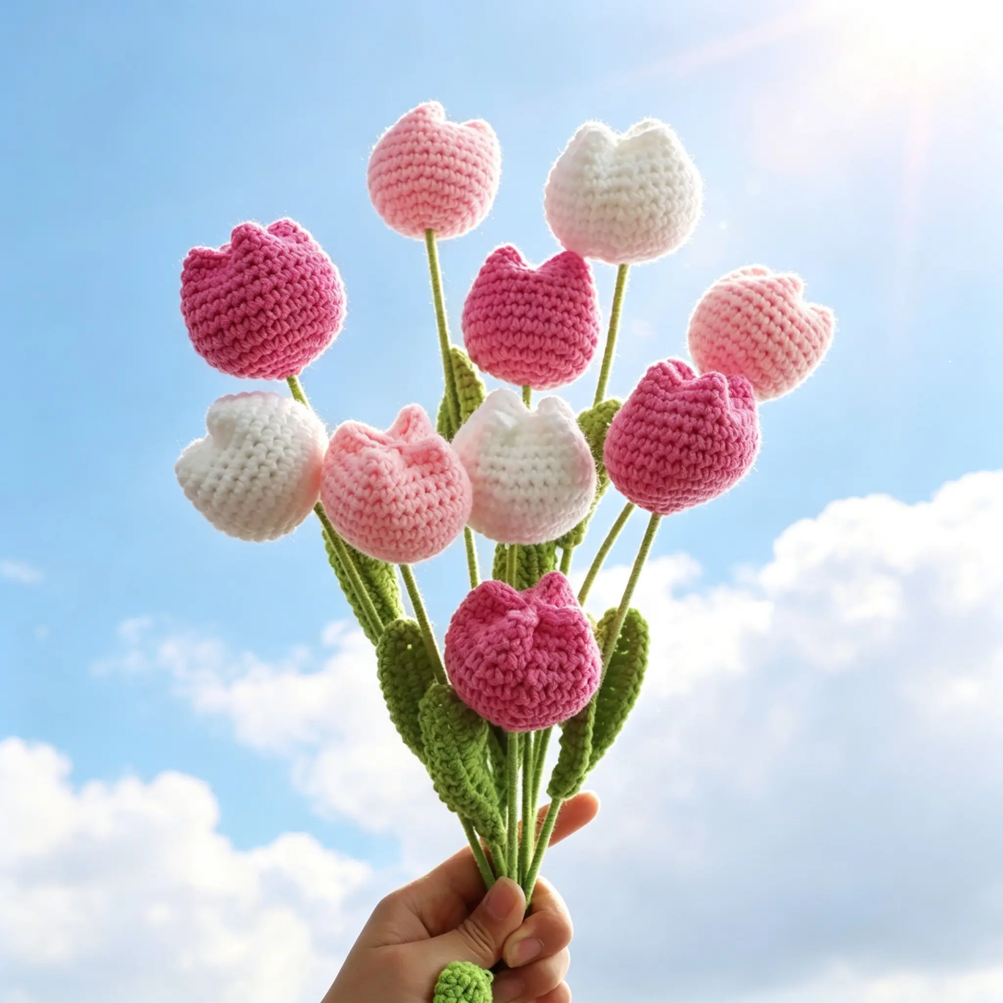 Handmade Crocheted Tulip Artificial Flower Arrangements Bouquet, Valentine's Day and Wedding Gift, Perfect for Birthdays and Home Decor