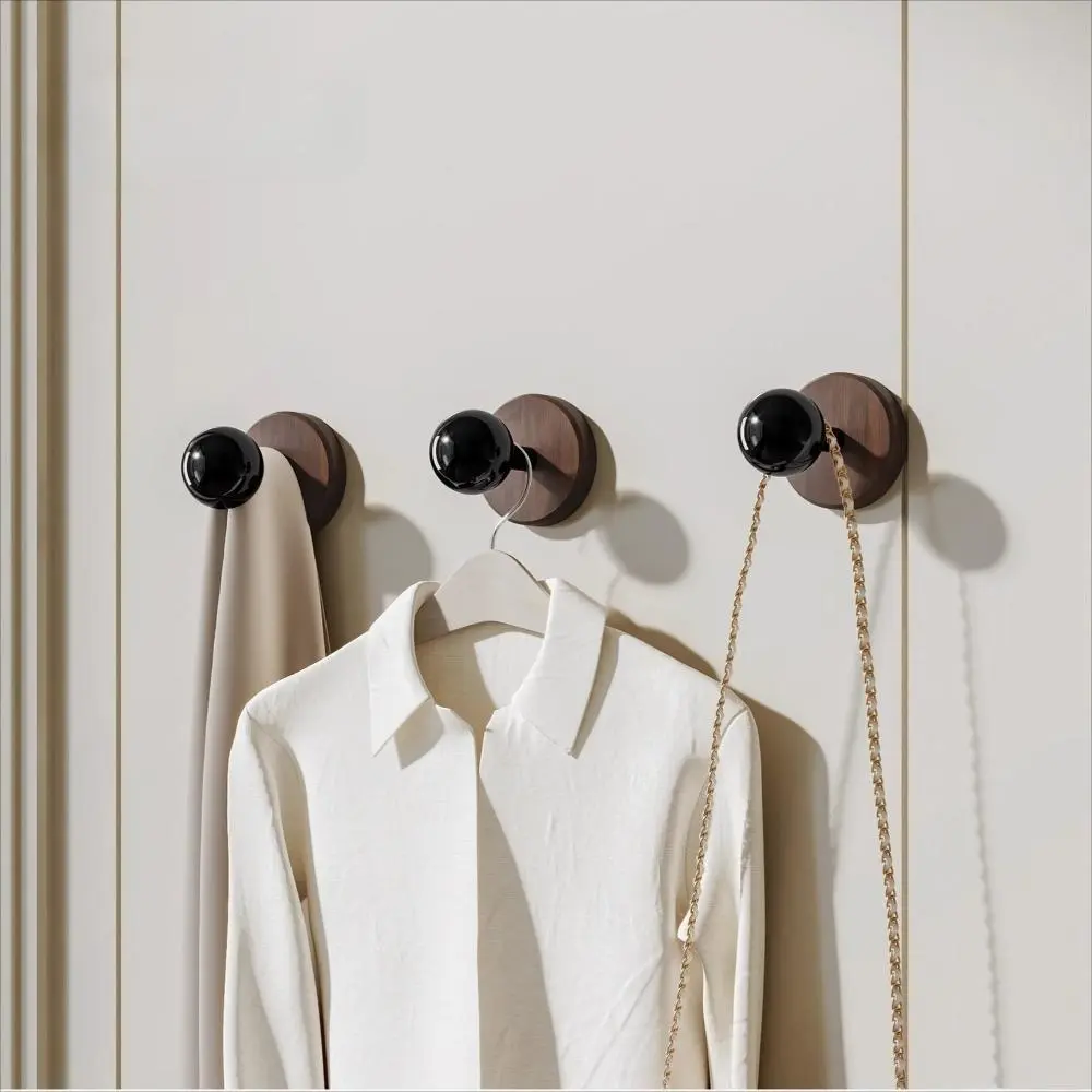 Walnut Wood Wall Hooks, Minimalist Heavy Duty Adhesive Mount for Entryway Room Decor, Damage-Free Hanging for Coats and Hats, Wooden, Bedroom, Adhesive Tape, No Wall Damage, Hassle-Free Installation, Drill-Free Adhesive