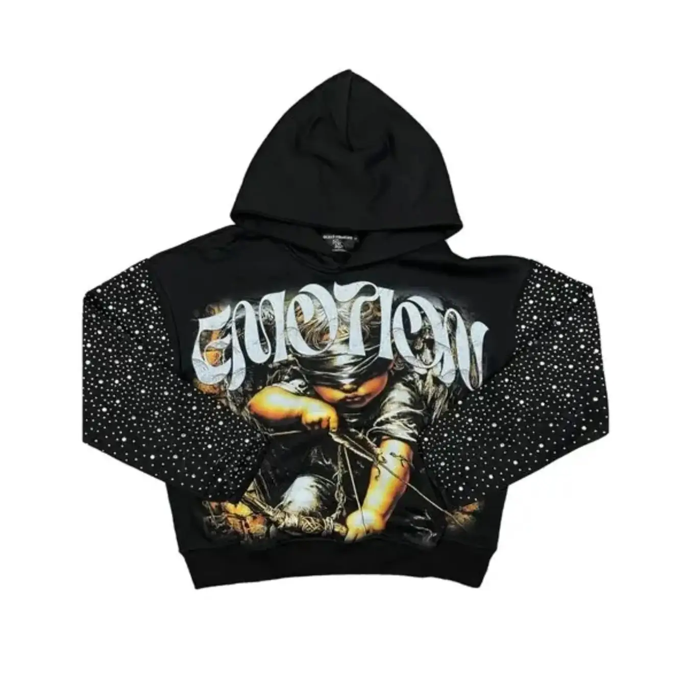 MIXED EMOTION Black Rhinestone Pearl Sleeve Zip Up Hoodie, 100% Cotton Oversized Y2K Gothic Streetwear, Vintage Washed Graphic Design, Rock Hip Hop Inspired Unisex Fashion
