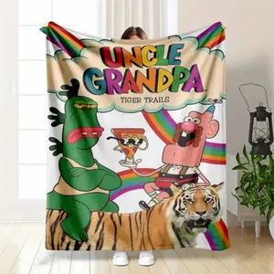 Uncle Grandpa Cartoon Character Throw Blanket, Vibrant Tiger Rainbow Pizza Graphic Pattern, Ultra Soft Lightweight Breathable Cozy Warm Bedding, Perfect For Living Room Sofa Couch Nap, Summer Camping Outdoor Picnic Decor  Gift for Retro Cartoon Fans