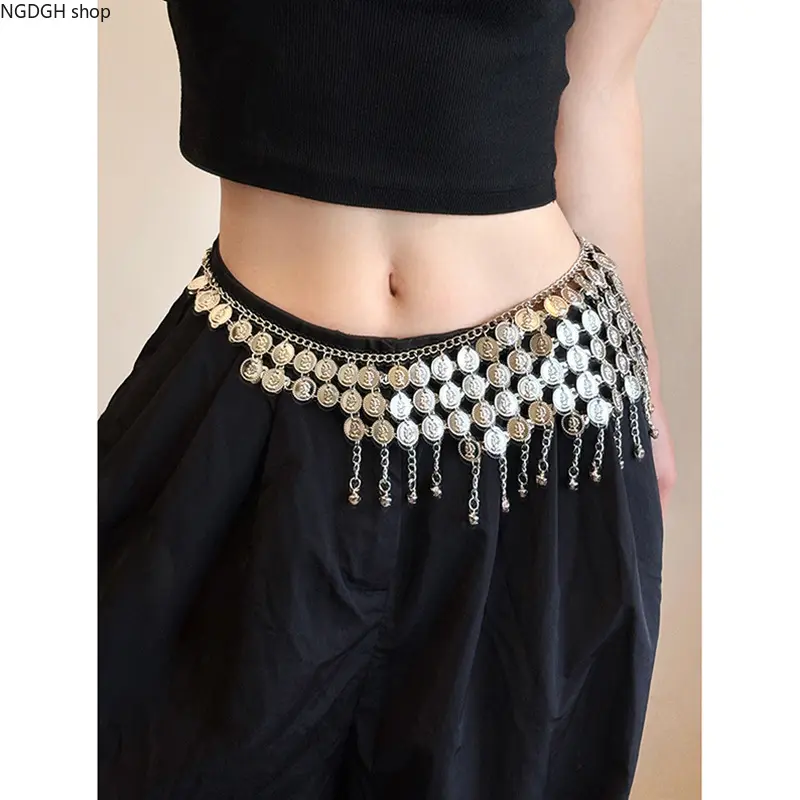 Bohemian Coin Belly Dance Waist Chain Belt for Women, Vintage Gypsy Silver Hip Scarf Body Jewelry for Halloween Costume, Trendy Festival Rave Tassel Skirt Fringe Waistband Accessories, 1Pc