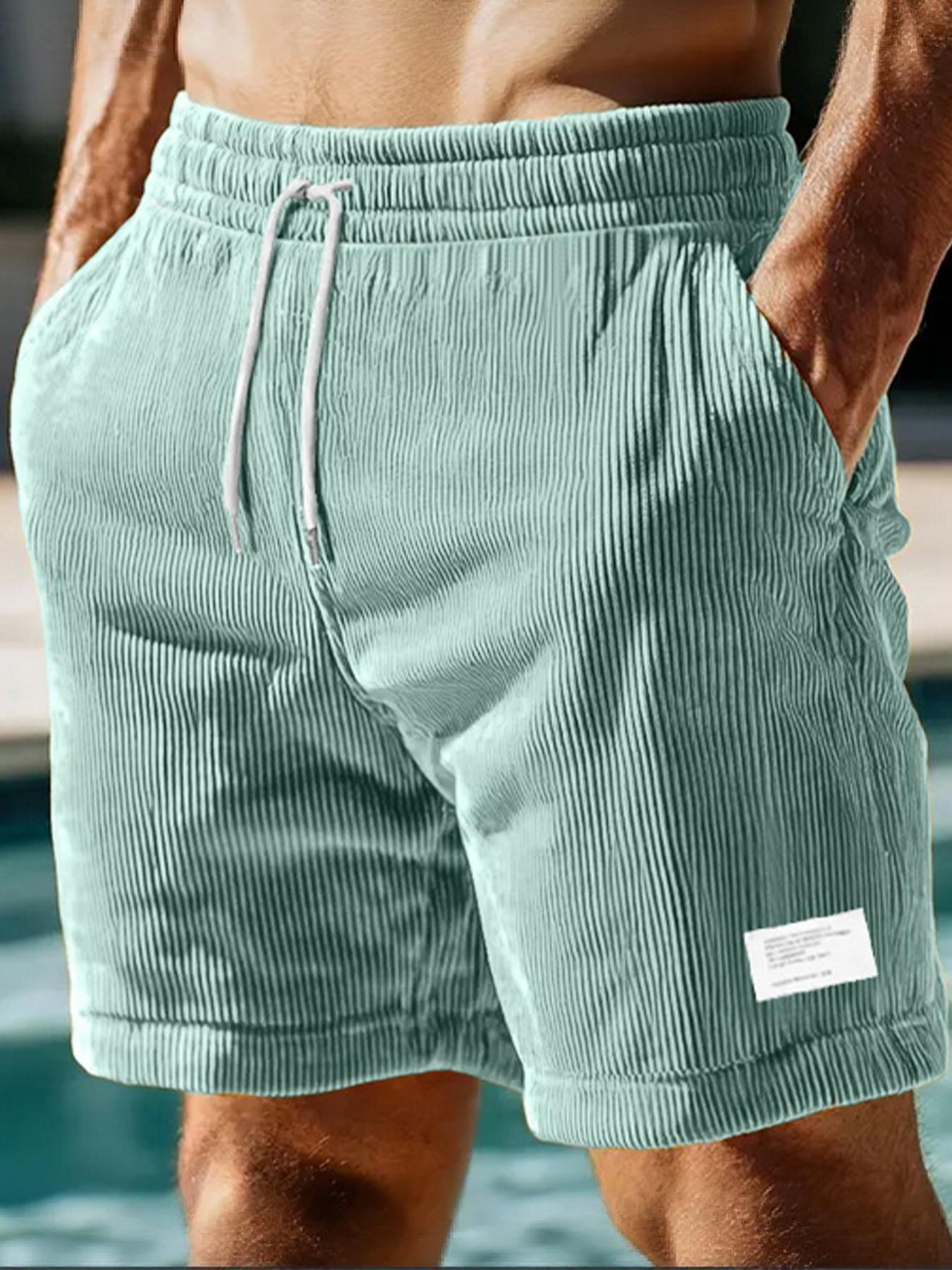Men's Regular Fit Corduroy Shorts, Casual Comfy Swim Shorts for Summer, Men's Bottoms for Daily Outdoor Wear, Men's Shorts, Beach Outdoor Wear, Swimtrunks, Drawstring Swim Bottom, Solid Swim Shorts