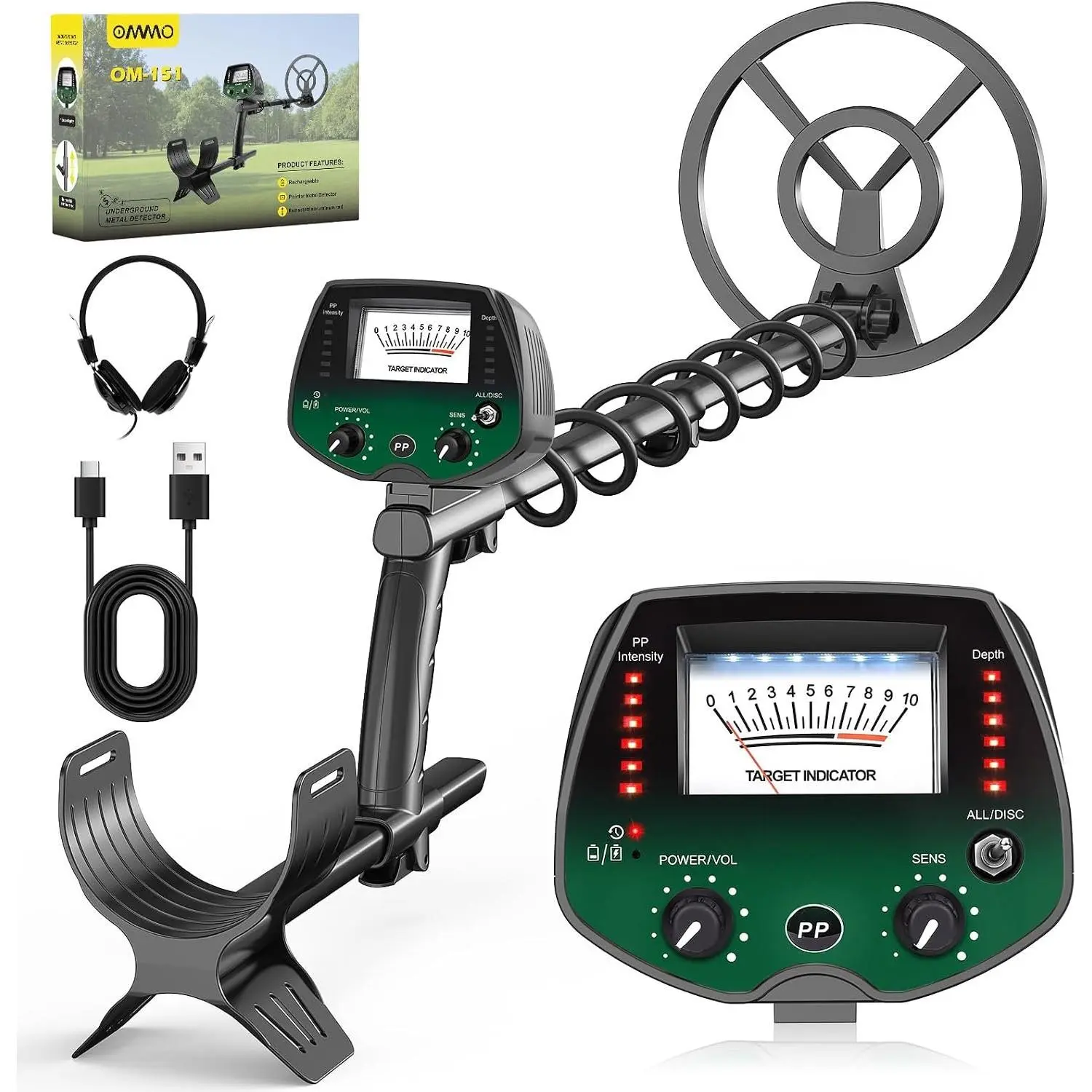 Metal Detector for Adults, High Accuracy Treasure Finder (Green) | Backlight Display, 10"  Coil, USB  , 3 Modes