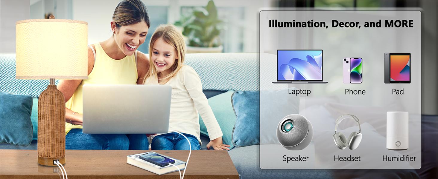 Set of 2 Rattan Table Lamps with 2 USB Ports, 29'' Tall Farmhouse Lamp for Living Room, Bedroom, Office, Vintage Brown Desk Nightstand Lamps with Oatmeal Fabric Linen Shade, Large Size