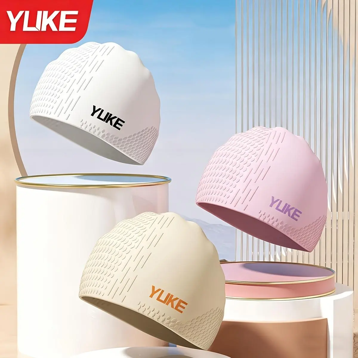 YUKE Silicone Swimming Cap for Adult Females, Extra-Large Pu-Coated Waterproof Cap with Anti-Slip Particles, Long Hair Fit Water Sports Gear (Colors: White, Black, Purple, Pink), Aquatic Swimming Caps
