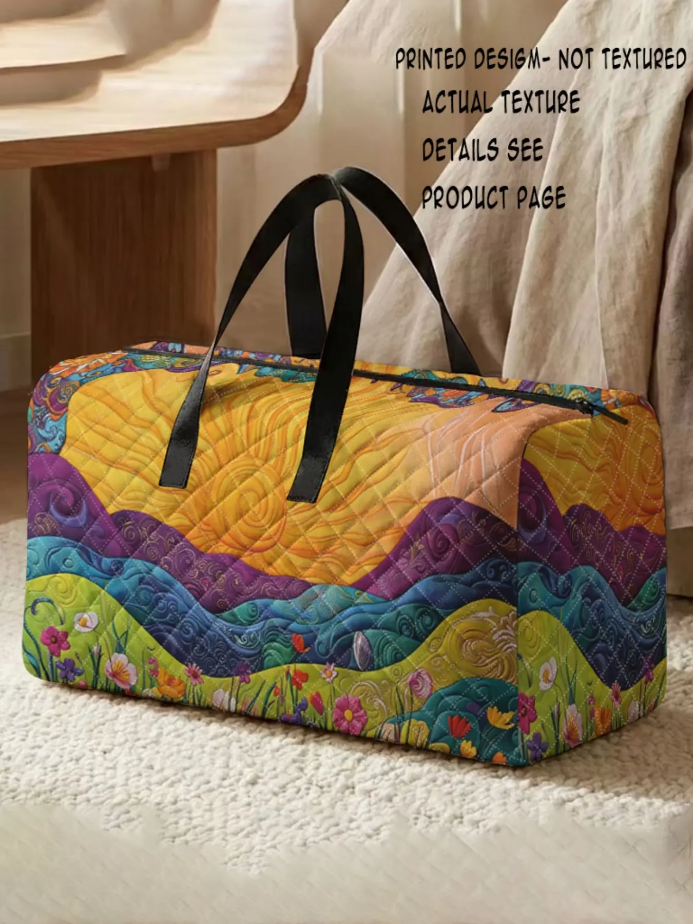 Oil Painting Sun Print Handbag, Large Capacity Travel Suitcase, Portable Overnight Bag, Yoga Training Bag, Shoe Storage Crossbody Bag