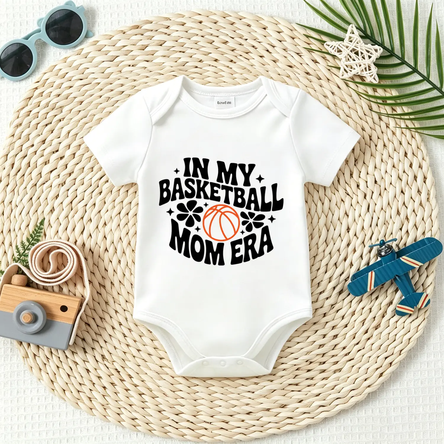 Unisex Baby Cotton Bodysuit - Short Sleeves, Stretchy, Moisture-Wick, Snap Buttons, Retro Basketball Mom Era Print, Newborn Essential Sports Fan Baby Shower Gift, Retro Print