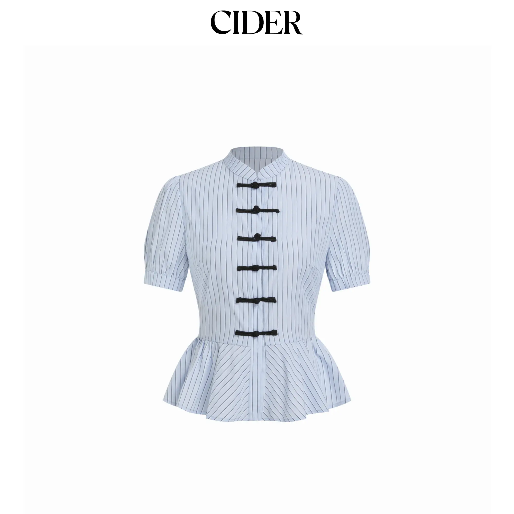 Cider Striped Stand Collar Puff Sleeve Toggle Button Peplum Hem Blouse SummerFinds