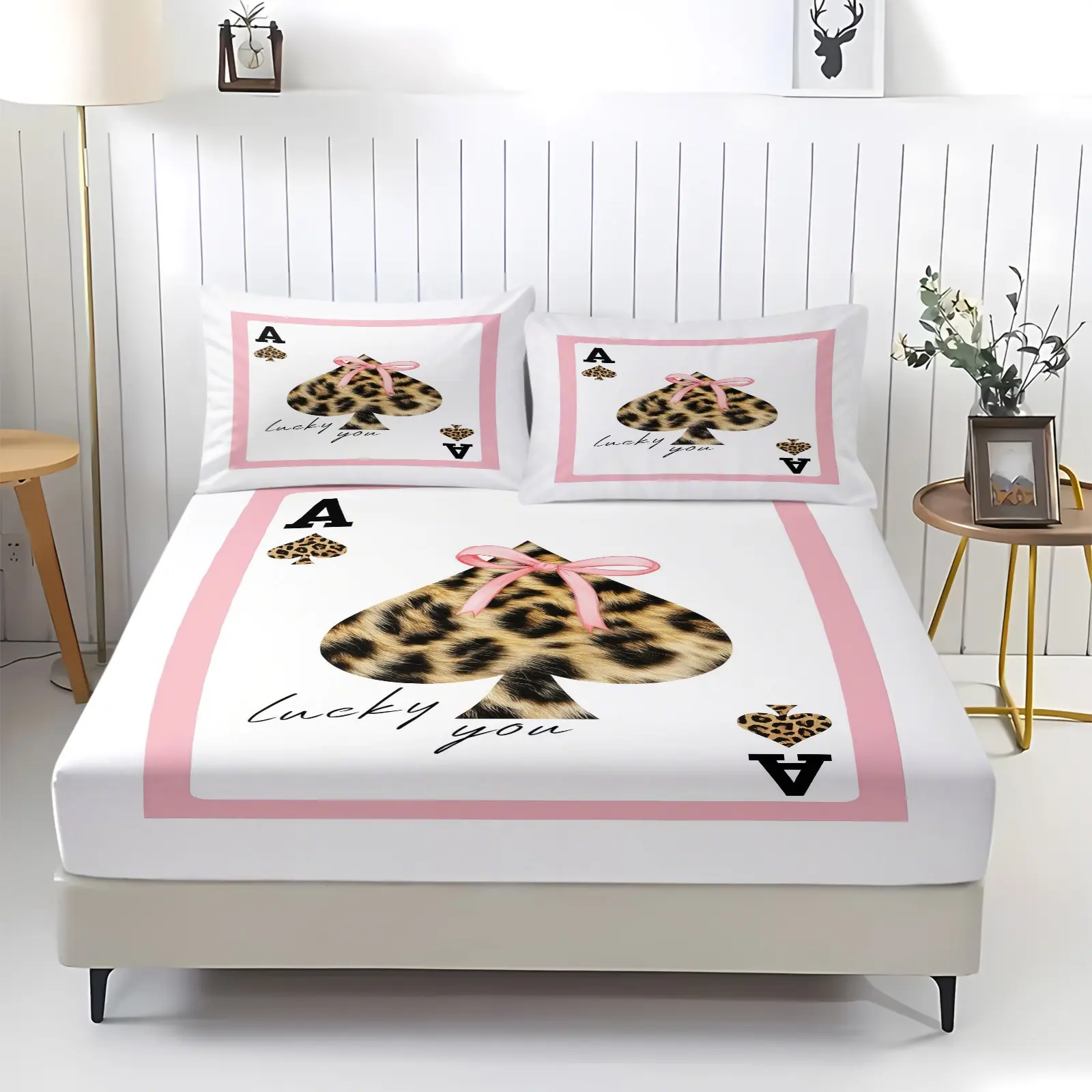 Leopard Spade A Pink Bow Fitted Sheet Set, 1 Fitted Sheet & 2 Pillowcase No Filling Bedding Set, Soft Deep Pocket Bed Sheets Set, Y2K Coquette Bedroom Decor, Lucky Style Gift For Girls Young Women All Season Home Decor