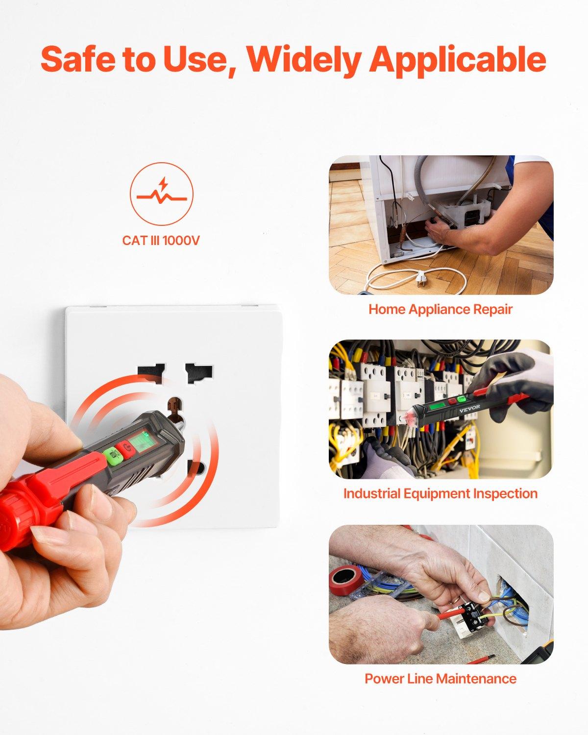 VEVOR Voltage Tester, Non-Contact Voltage Detector with Adjustable Sensitivity, Dual Range AC 12V-1000V/48V-1000V Live & Null Wire Tester Pen with Visual and Audible Alarms, CAT III 1000V Rating