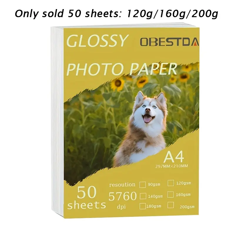 50 sheets. A4 (8.3 "x11.6") inkjet printer specific high gloss photo paper, with a waterproof, oil resistant, scratch resistant single-sided white photo paper surface.
