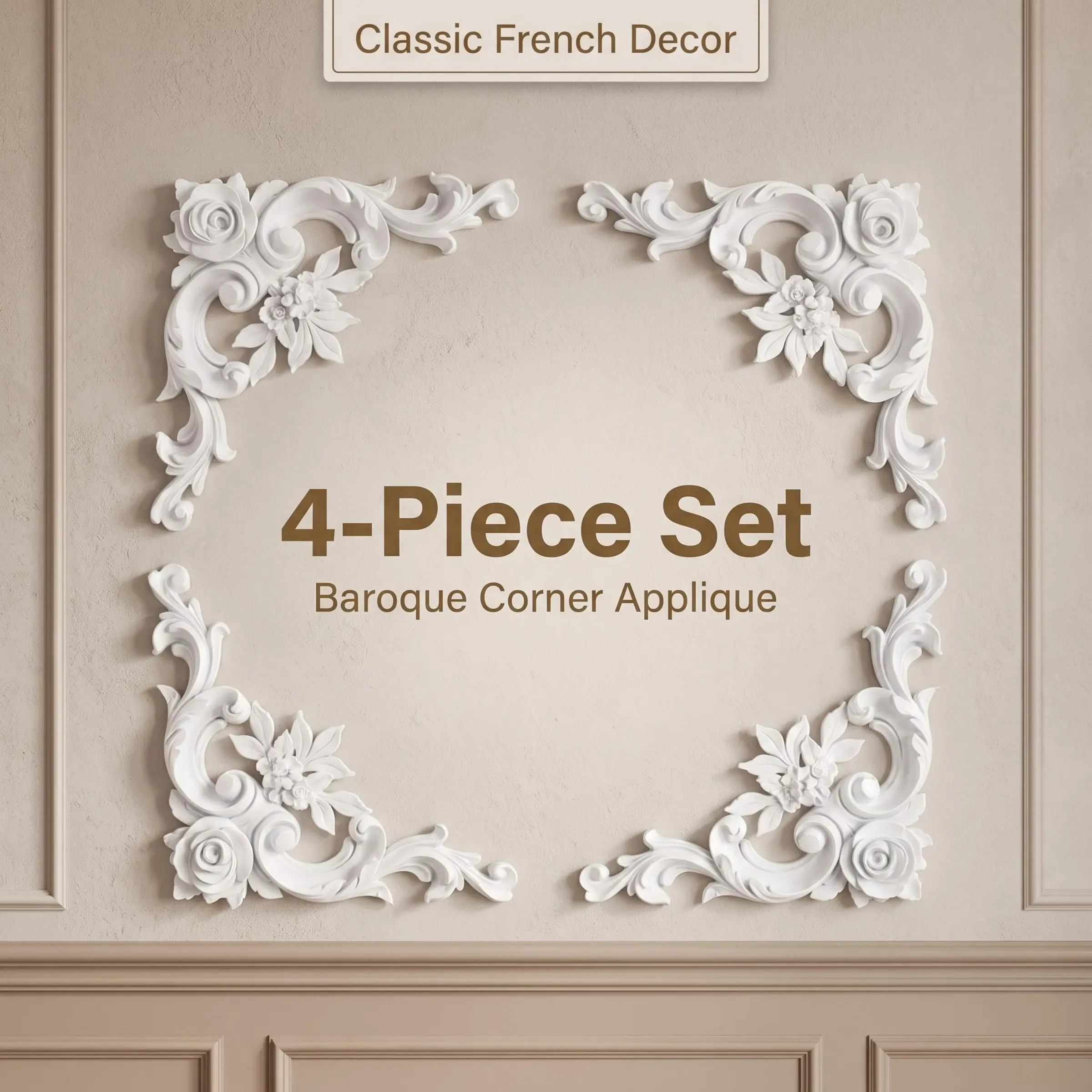 French Vintage Baroque PU Carved Rose Applique 4-Piece Set | DIY Home Door Cabinet Wall Makeover,OJ-G100/G100-1