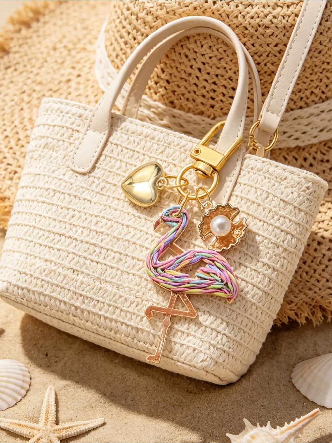Bohemian Flamingo Keychain with Shell Heart Pattern, Hawaiian Nautical Bag Charm for Car Keys Backpacks, Summer Beach Accessory Gift for Birthday Valentine Christmas Graduation Back to School Wedding