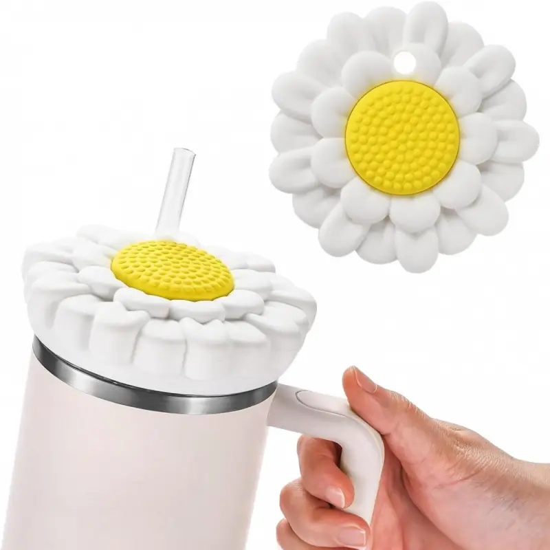 Dustproof Lid for Stanley 40oz Tumbler With Handle - Flower Silicone Dust Cover, Anti-Scratch Accessory (White)